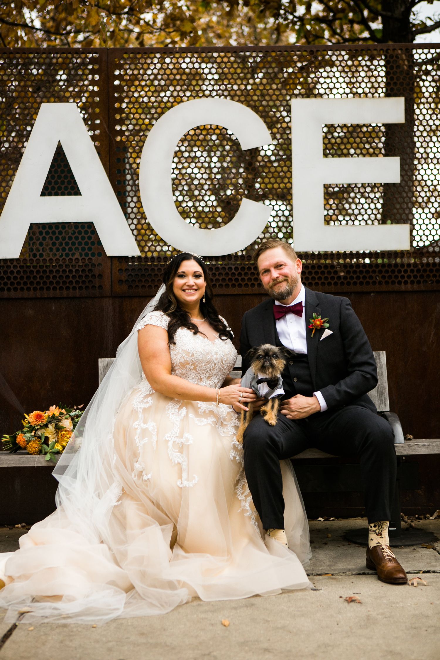 Bride and groom smile holding their dressed-up dog on a bench in front of an ACE sign in autumn.