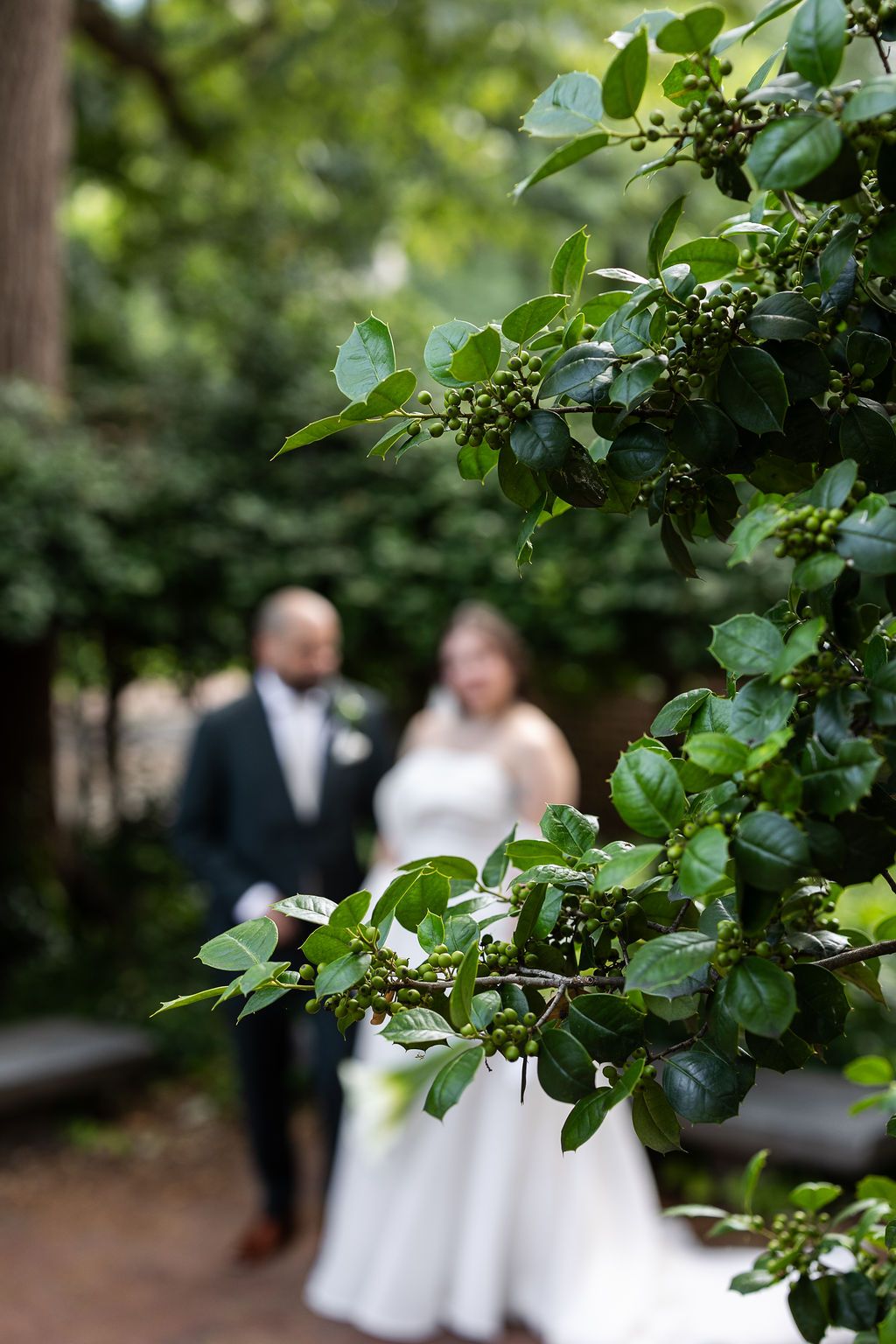 Bride and groom blurred in background behind green leafy branch in lush garden wedding portrait.