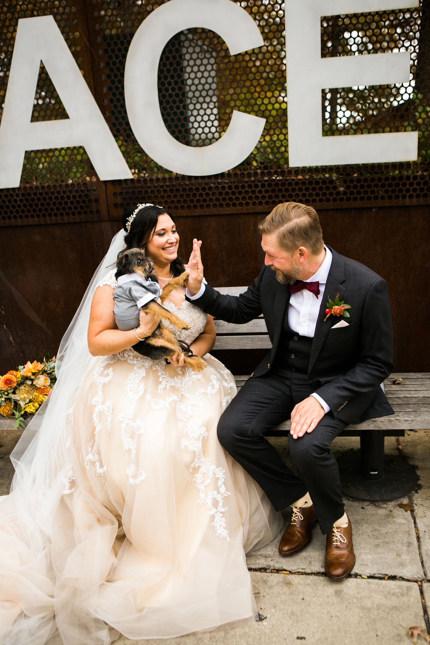 Bride and groom share a high five with their small dog on a bench in front of an ACE sign outdoors.
