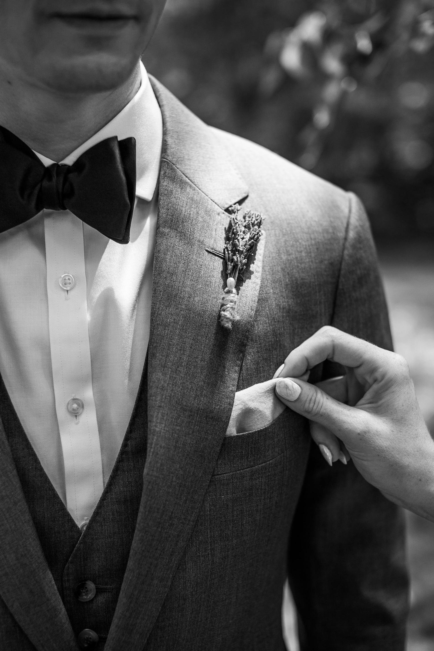 Black and white close-up of groom in gray suit with bow tie and boutonniere being adjusted by hand.