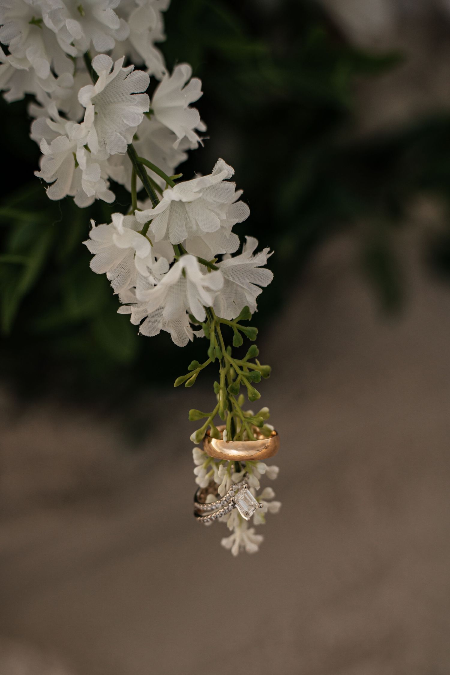 Gold wedding band and diamond engagement ring hanging delicately from white lilac flower blossoms.