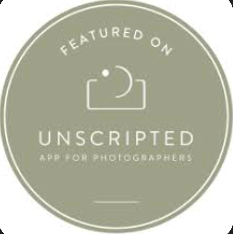 Featured on Unscripted App for Photographers badge logo in sage green with camera icon.