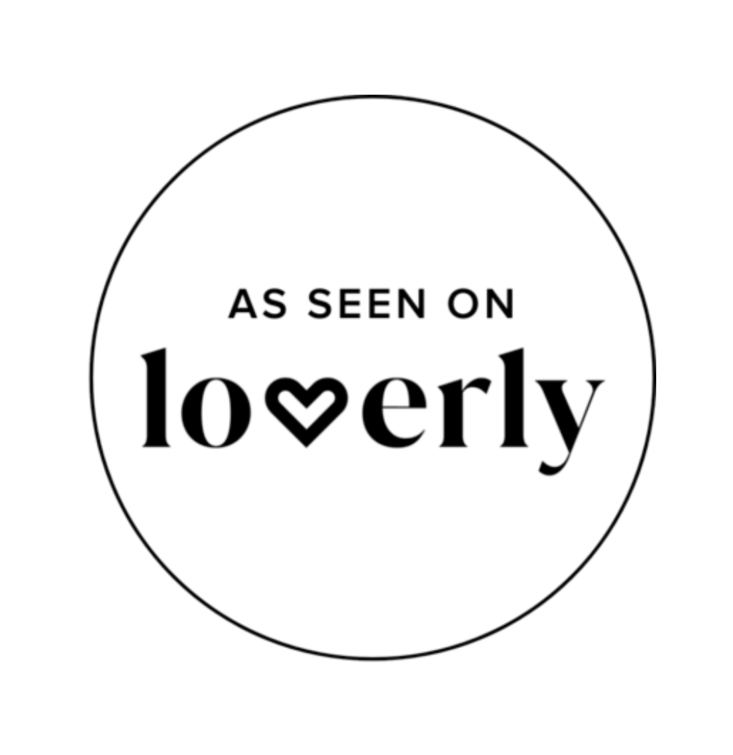As Seen on Loverly wedding inspiration website circular badge logo in black and white.