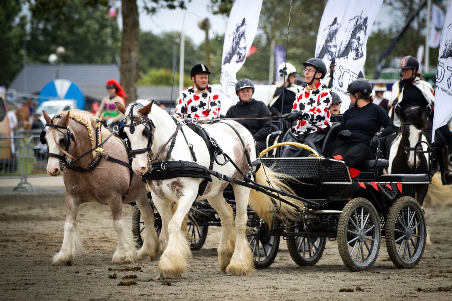 Two draft horses pulling a carriage with riders in polka dot outfits at an outdoor equestrian show.