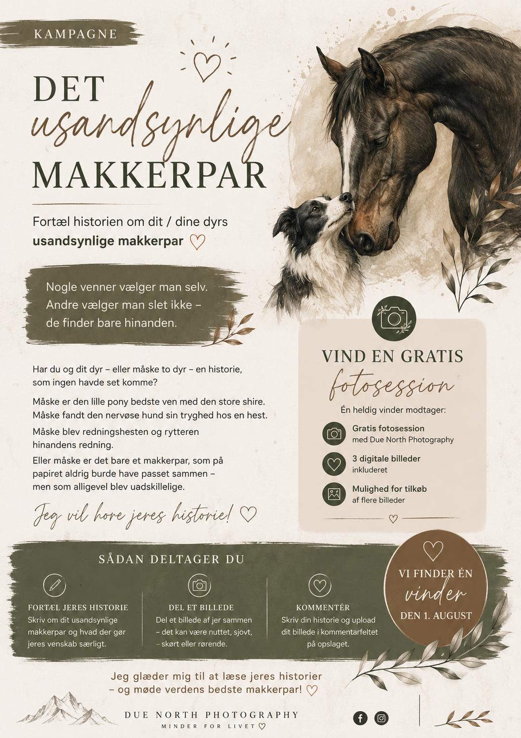 A vintage-style Danish photography campaign poster featuring a horse and dog nuzzling, promoting a free photo session contest.
