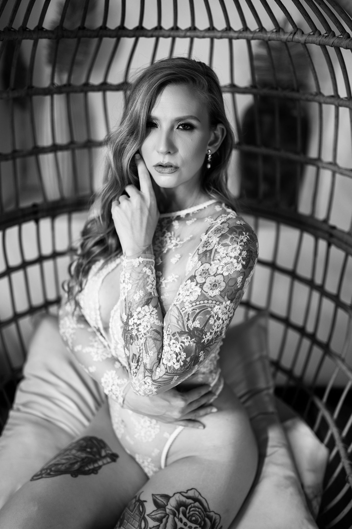 Elegant black-and-white boudoir portrait photographed in Orlando Florida studio