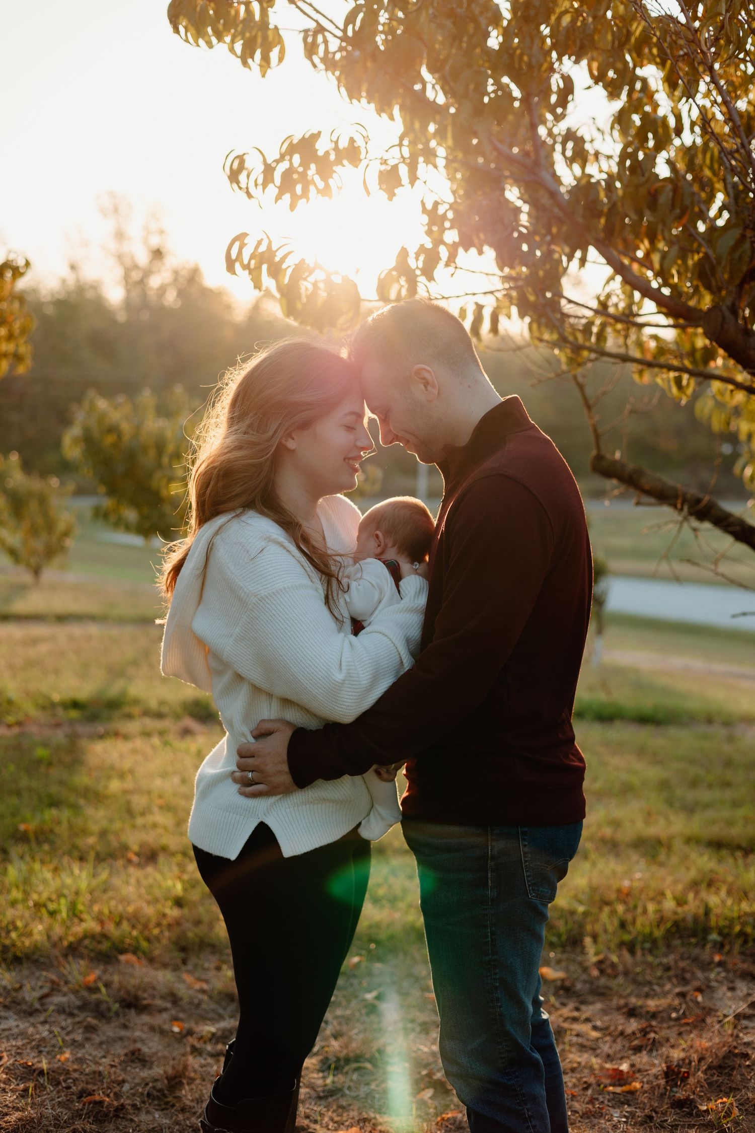 Couple touching foreheads while holding newborn baby under golden sunset light in an outdoor orchard setting. Lafayette indiana tippecanoe