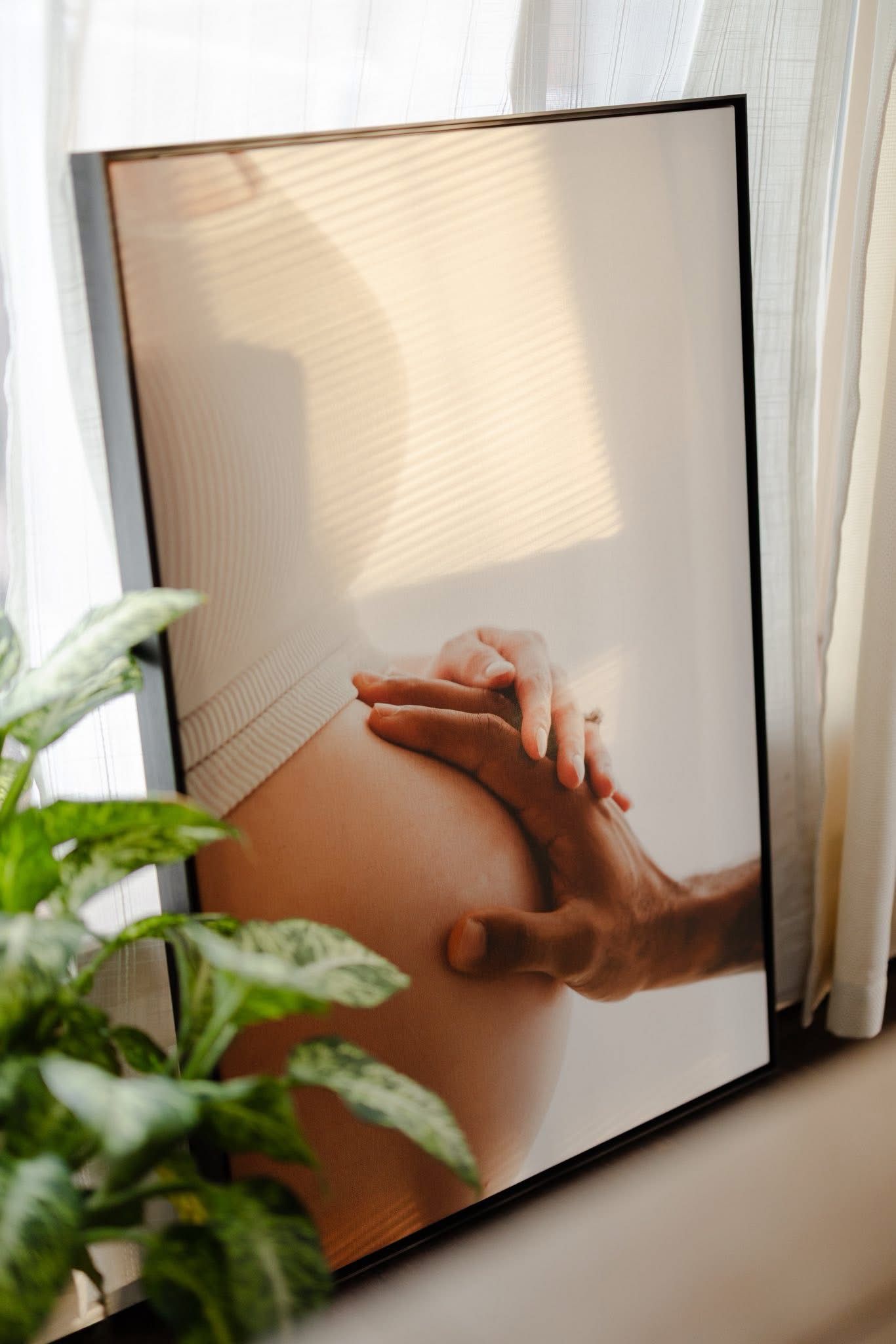 Framed maternity photo of hands cradling a pregnant belly leaning against a window with greenery. Lafayette indiana tippecanoe county