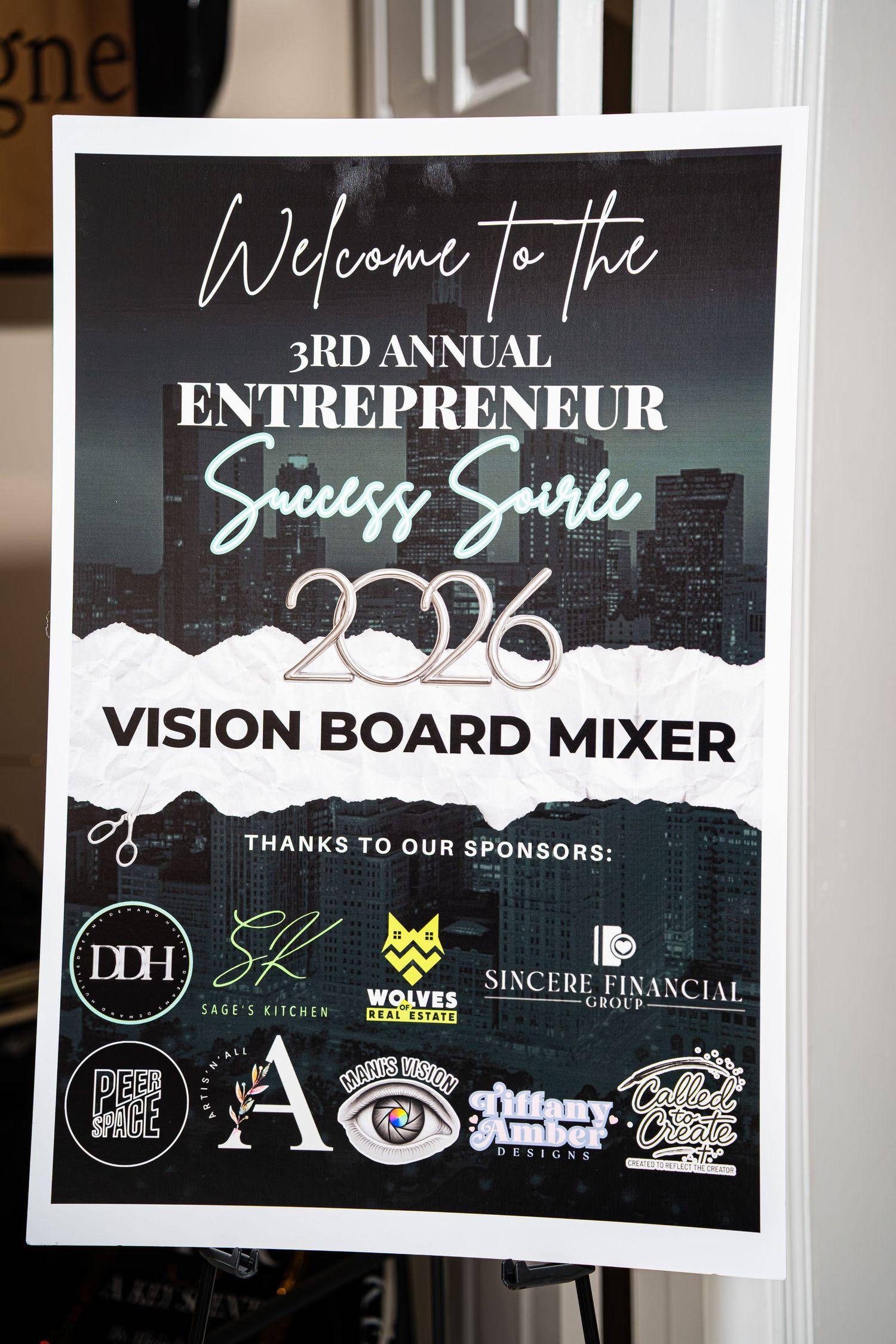 Welcome sign for 3rd Annual Entrepreneur Success Soiree 2026 Vision Board Mixer with sponsors.