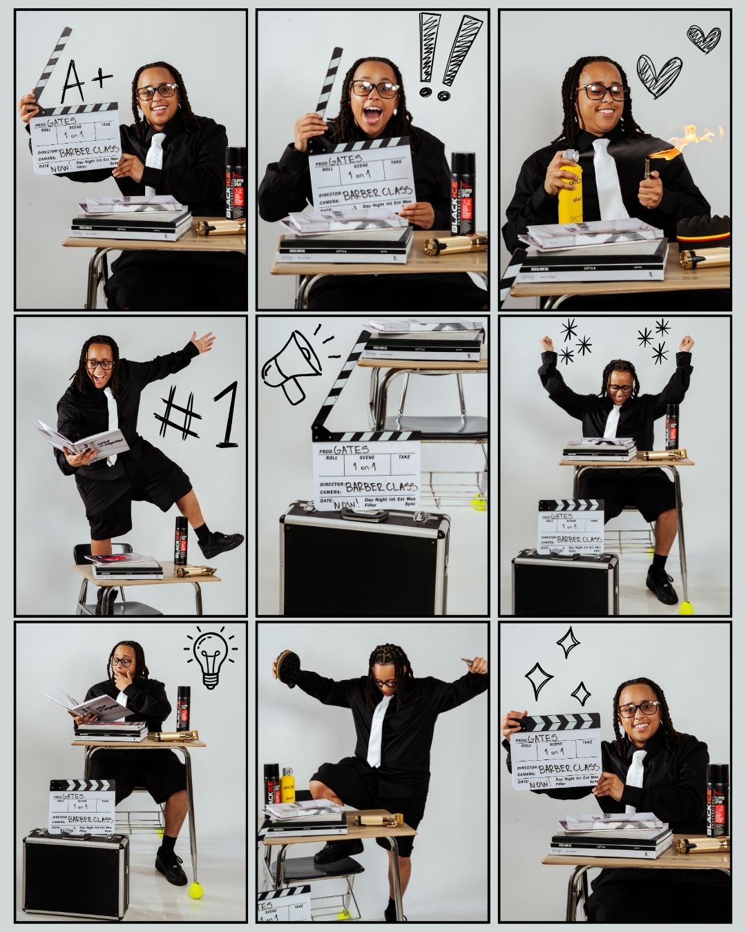 Nine-panel collage of person in black suit posing with film clapperboard at school desk.