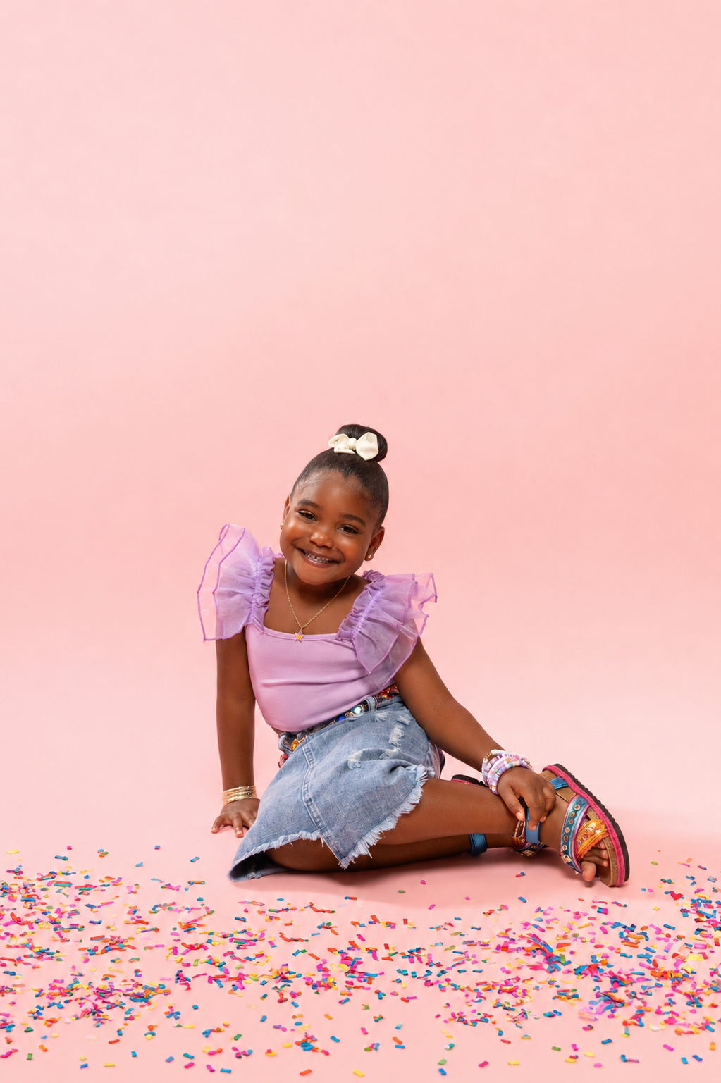 Smiling young girl in purple top and denim skirt sits on pink floor with colorful confetti sprinkles.