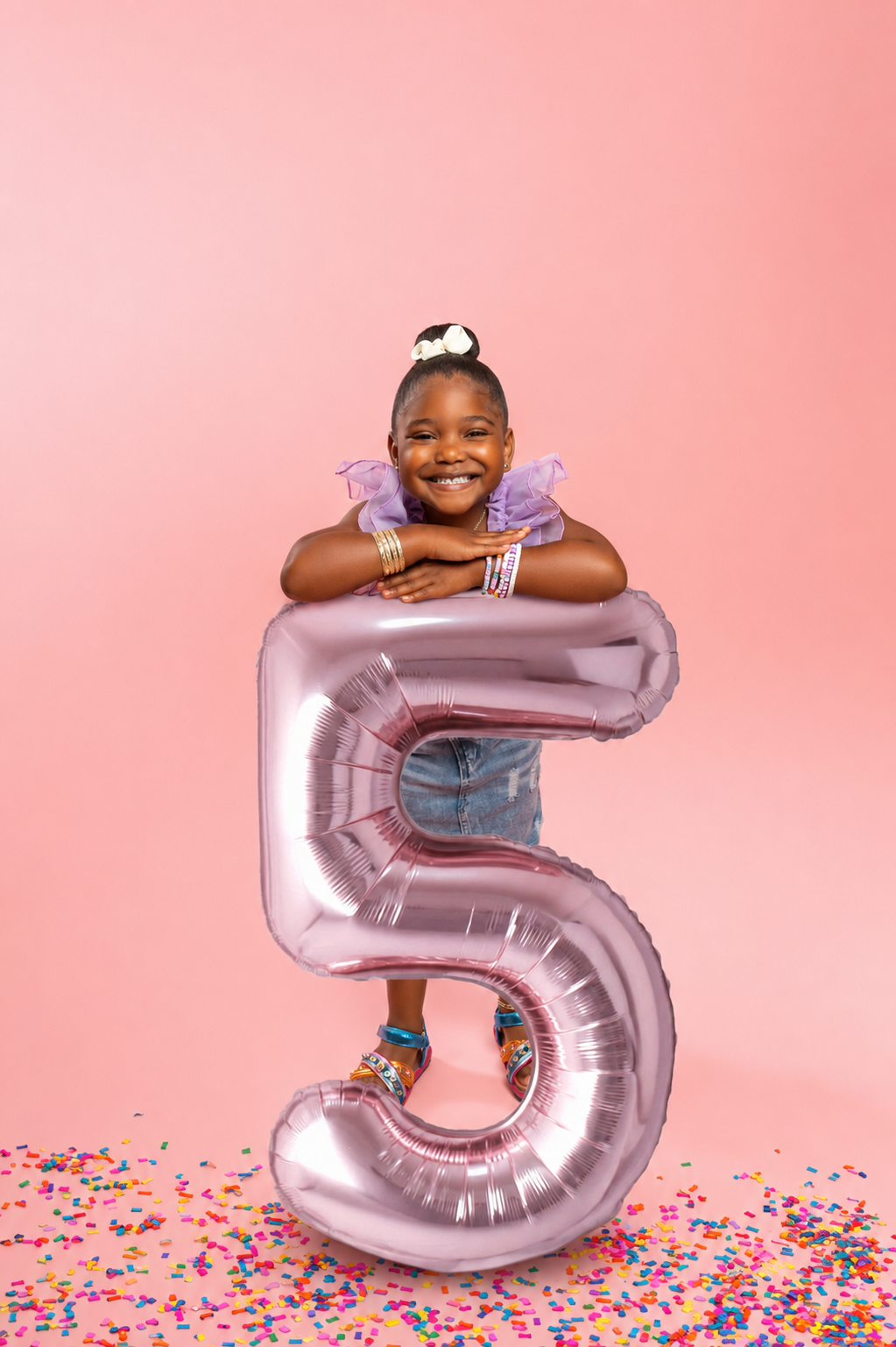 Smiling girl leaning on a large pink number 5 balloon with confetti on a pink background.