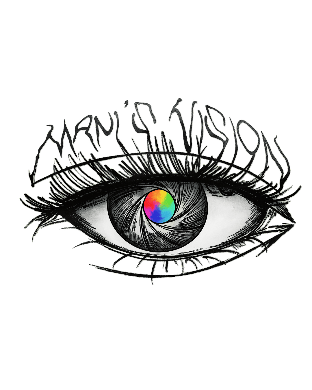 Artistic eye illustration with colorful camera aperture iris and Marni's Vision text logo design.