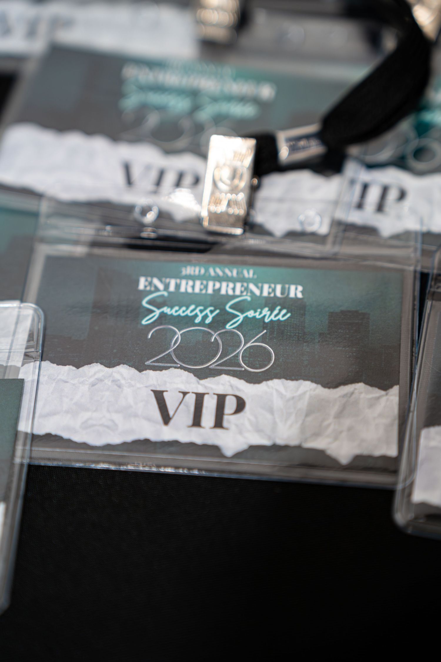 VIP badge lanyards for the 3rd Annual Entrepreneur Success Soiree 2026 networking event.