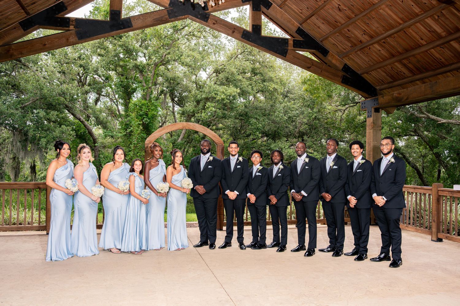 Wedding party poses under rustic wooden arch, bridesmaids in light blue gowns and groomsmen in black tuxedos at outdoor venue.