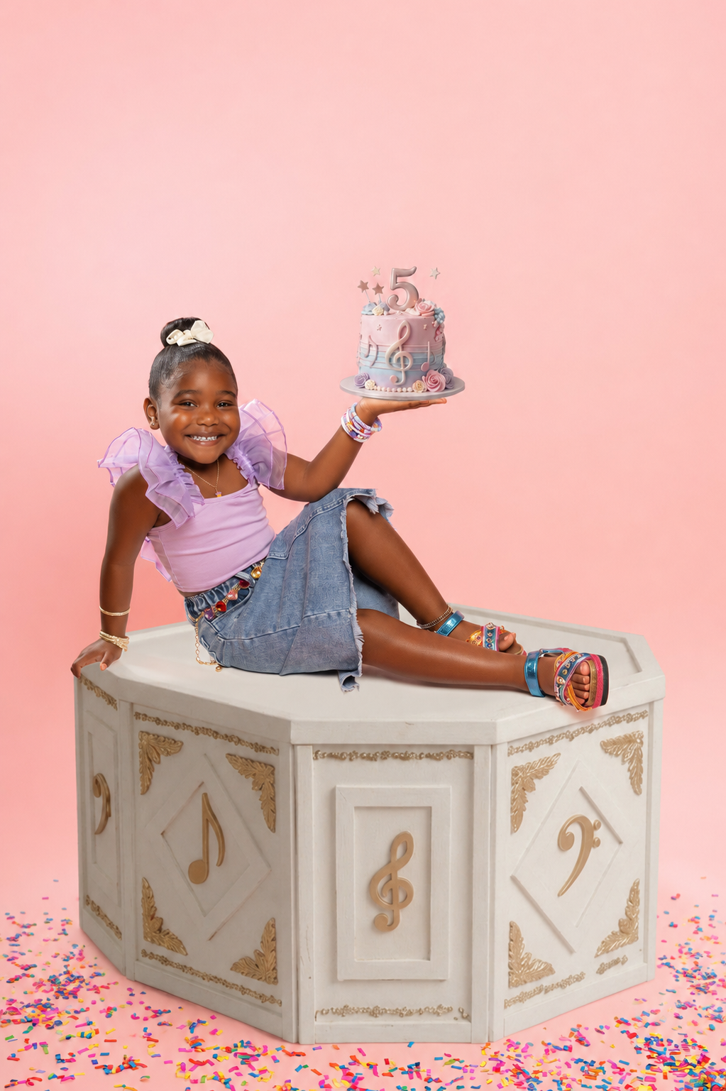 A young girl sits on a decorative pedestal holding a birthday cake with the number 5, smiling against a pink background.