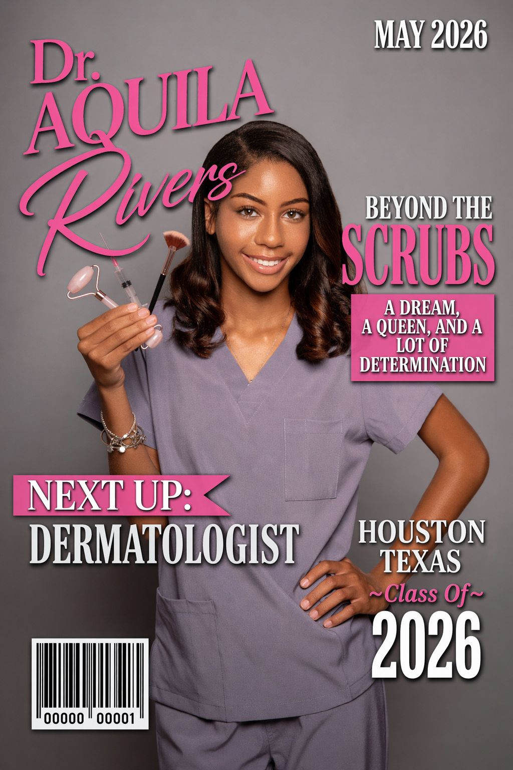 Dr. Aquila Rivers future dermatologist poses in scrubs for mock magazine cover, Houston Texas 2026.