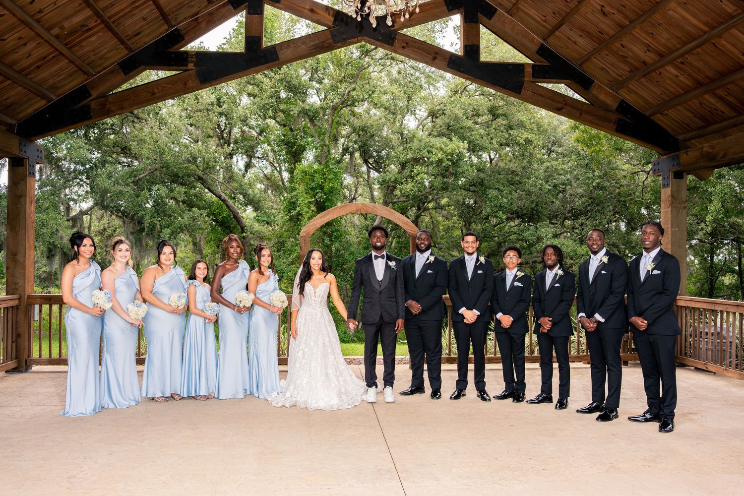 Wedding party poses under rustic wooden arch, bridesmaids in light blue gowns, groomsmen in black tuxedos.