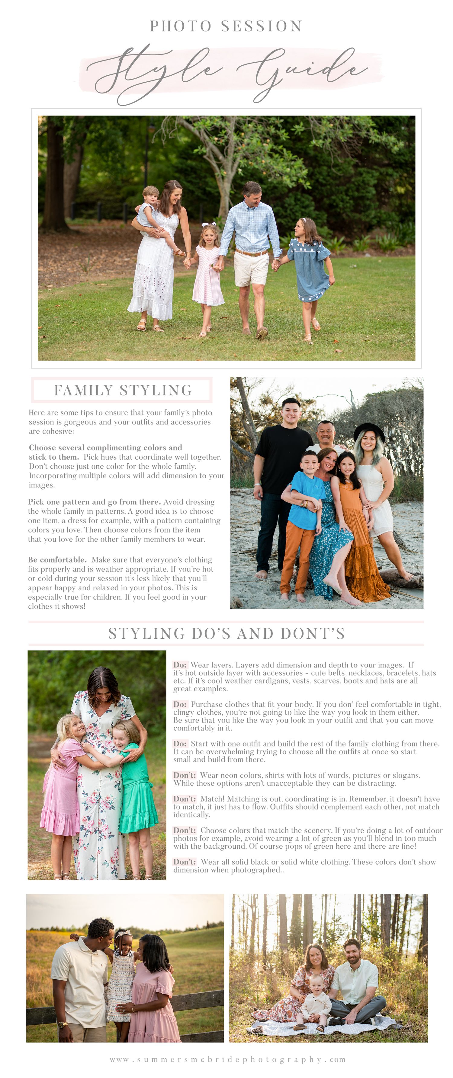 Style guide page showing family photo outfit coordination tips and example images.