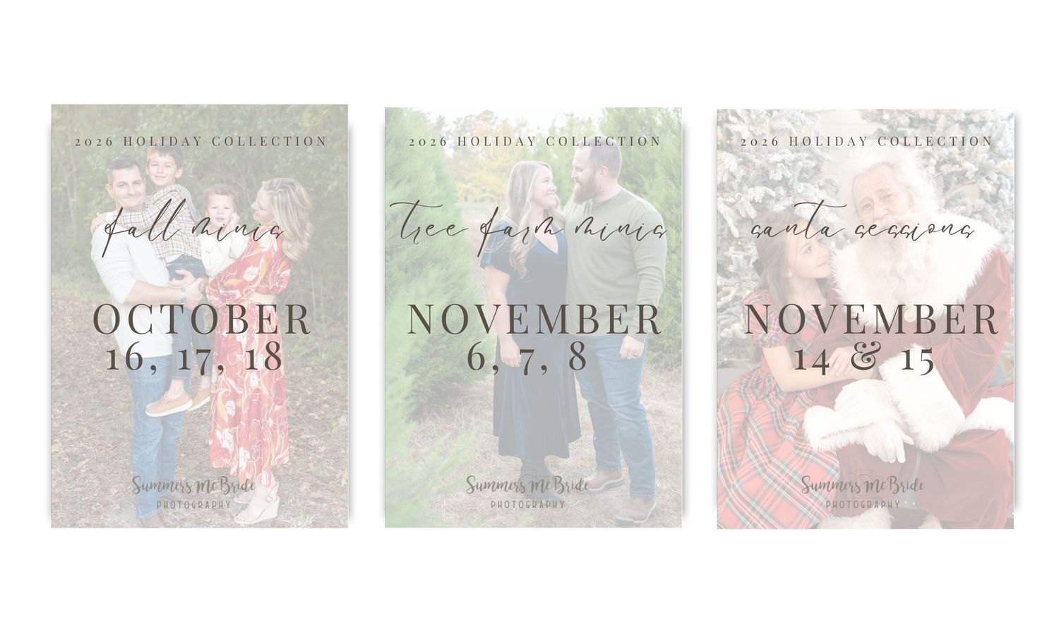 Three holiday mini session promotional cards for fall, free spirit dance, and Santa sessions in October and November.