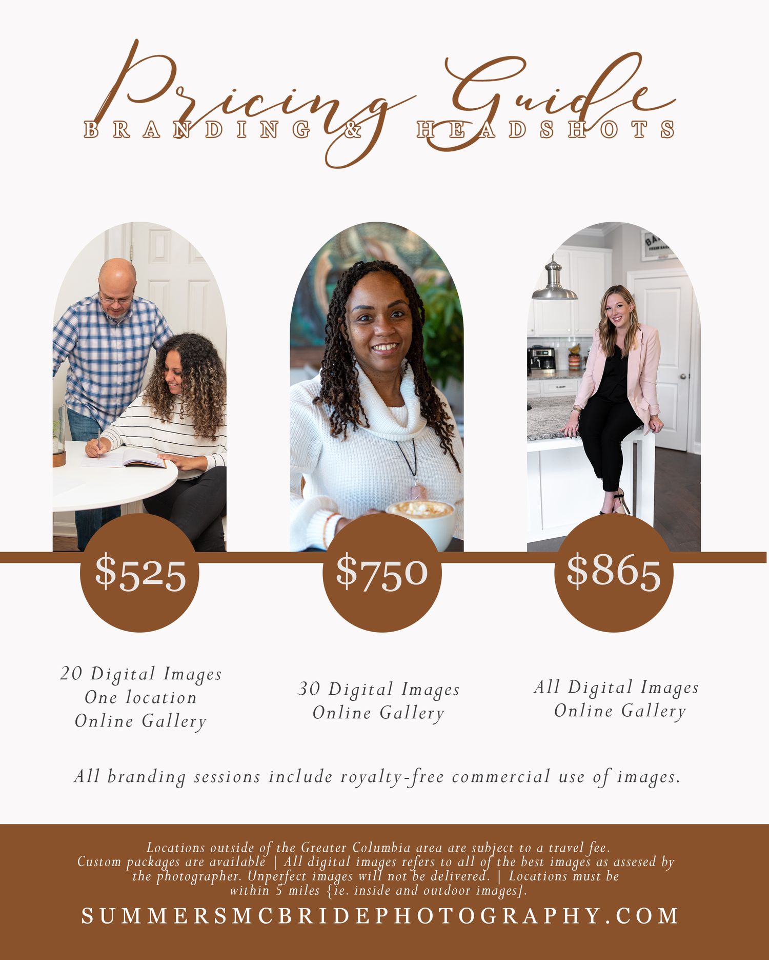 Business photography pricing menu displaying different package tiers and sample professional headshots.