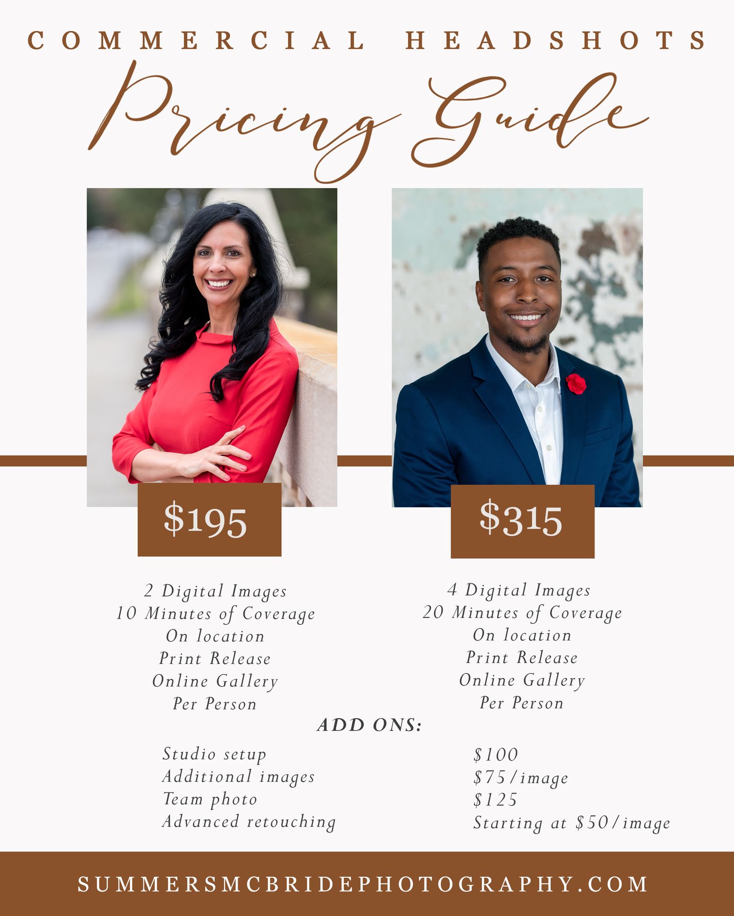 Professional photography pricing guide showing headshot packages and rates with sample portraits.