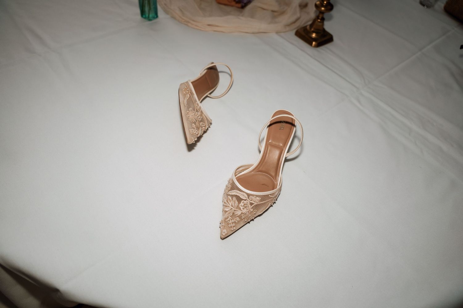 Six images showing beige sequined high heel shoes arranged in different angles on a white surface.