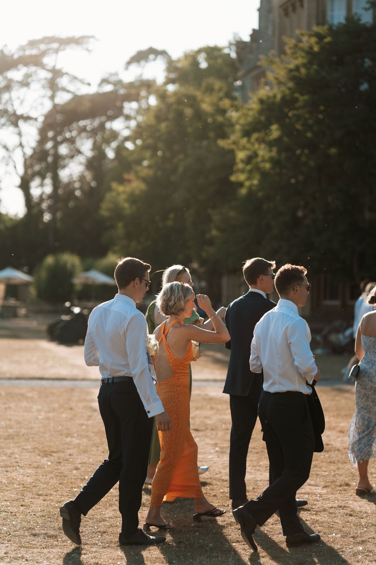 Dance line of couples in formal attire moves through a sunlit field during golden hour.