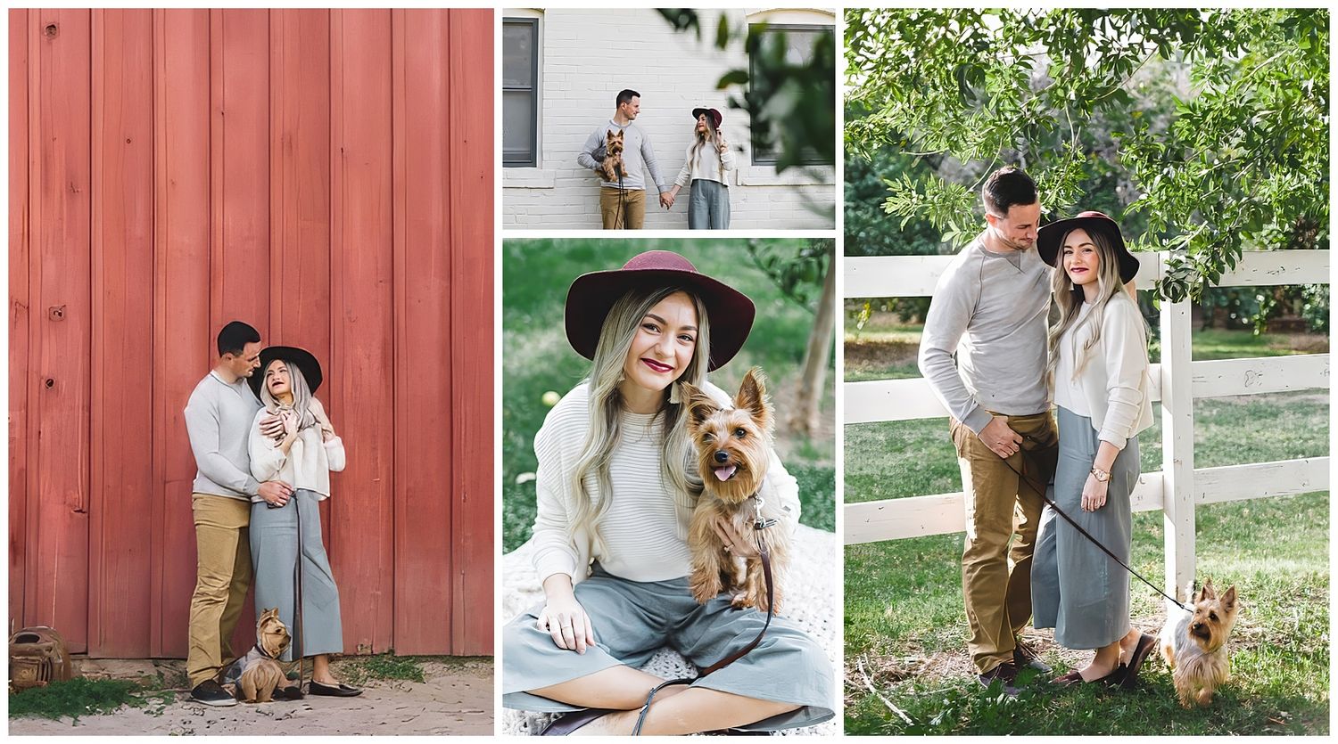 Couple with Yorkshire Terrier dog posing outdoors near red barn and green trees in a lifestyle photography session.