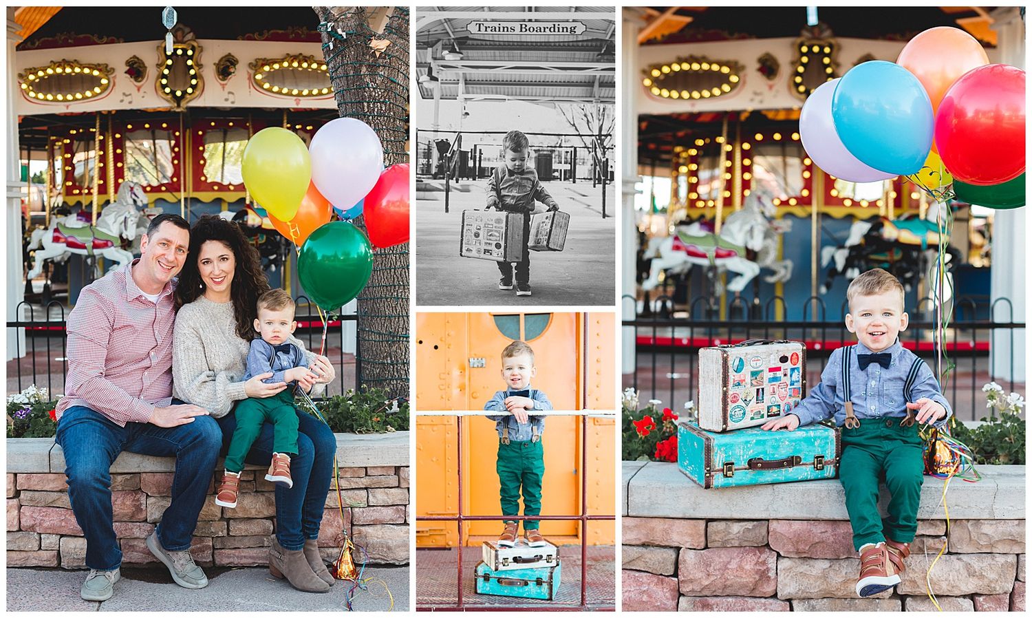 Family with toddler boy holding colorful balloons poses near a carousel for a first birthday photo session.