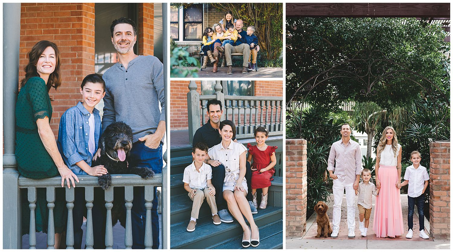 Family portrait collage featuring parents, children, and a black dog posing outdoors in casual and semi-formal attire.