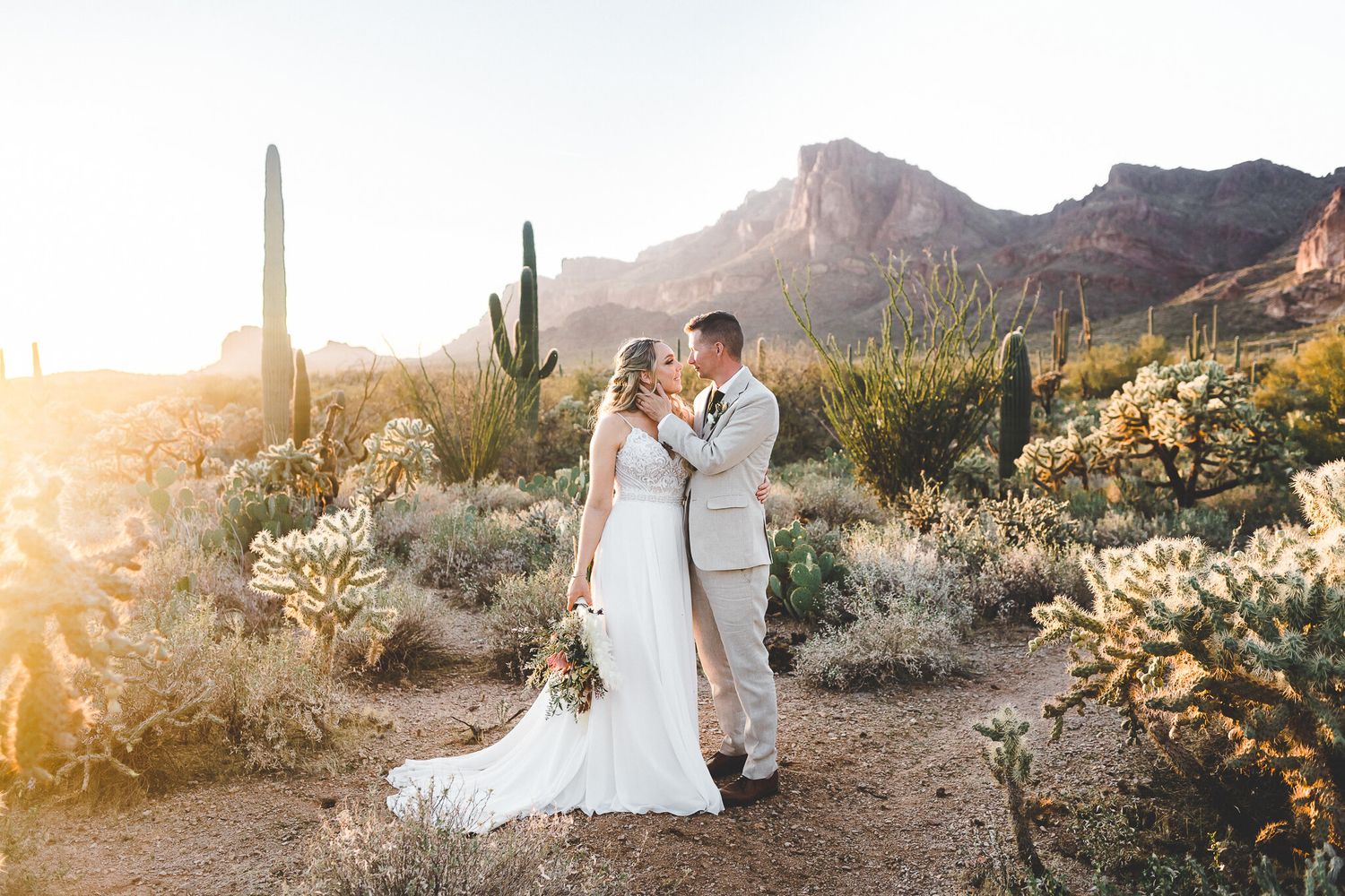Bride and groom sharing a kiss in a stunning desert landscape with saguaro cacti.
