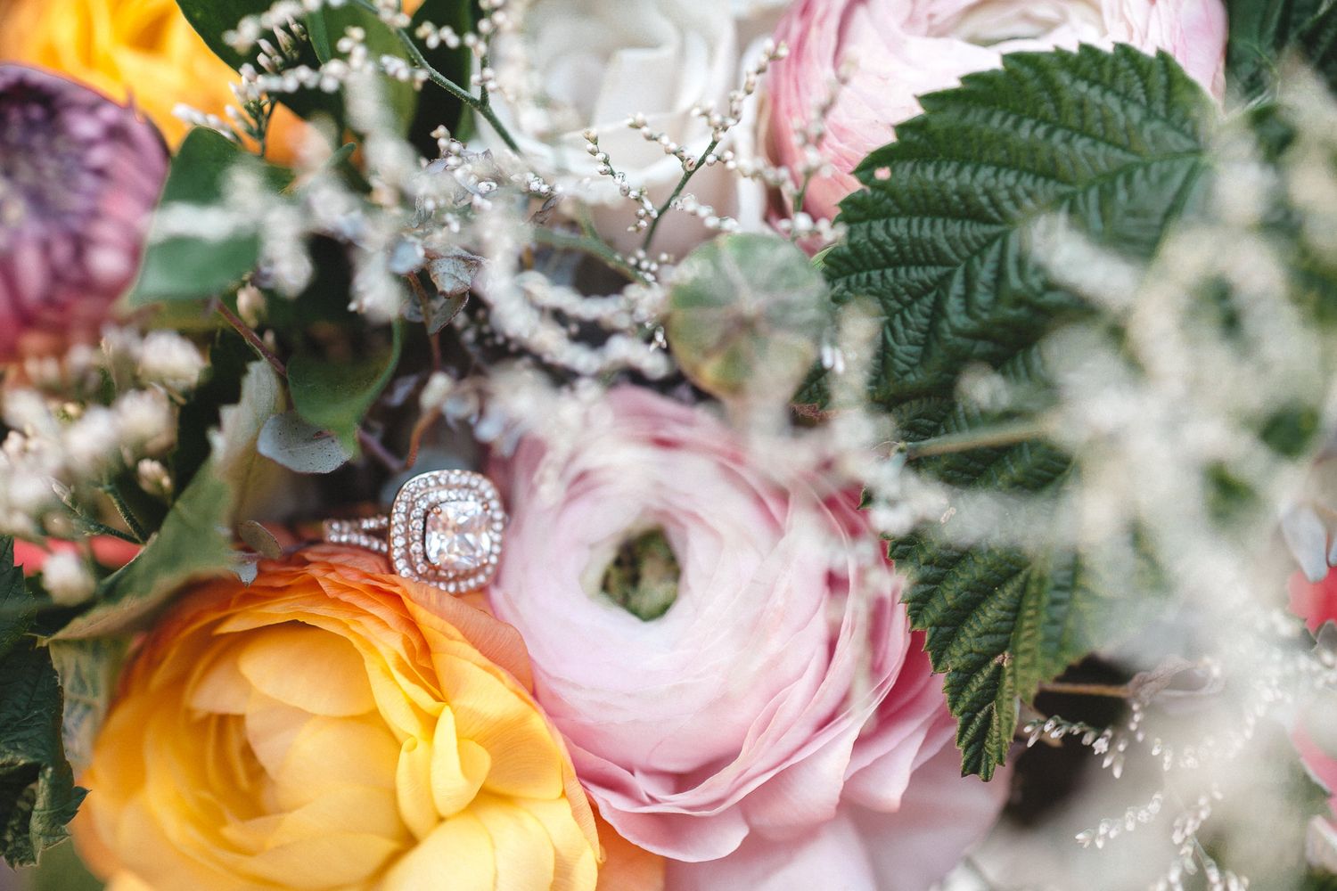 A diamond halo engagement ring nestled among colorful pink and orange ranunculus flowers in a bridal bouquet.