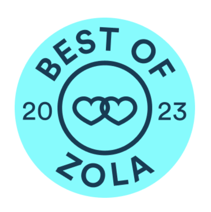 Best of Zola 2023 award badge in light blue.