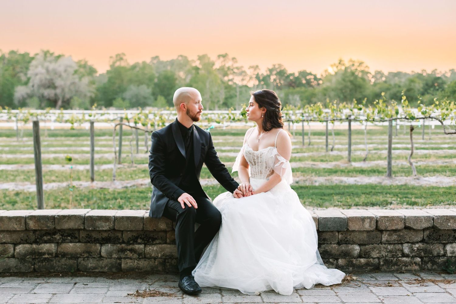 Bride and groom sit on stone wall holding hands at sunset overlooking vineyard at golden hour.