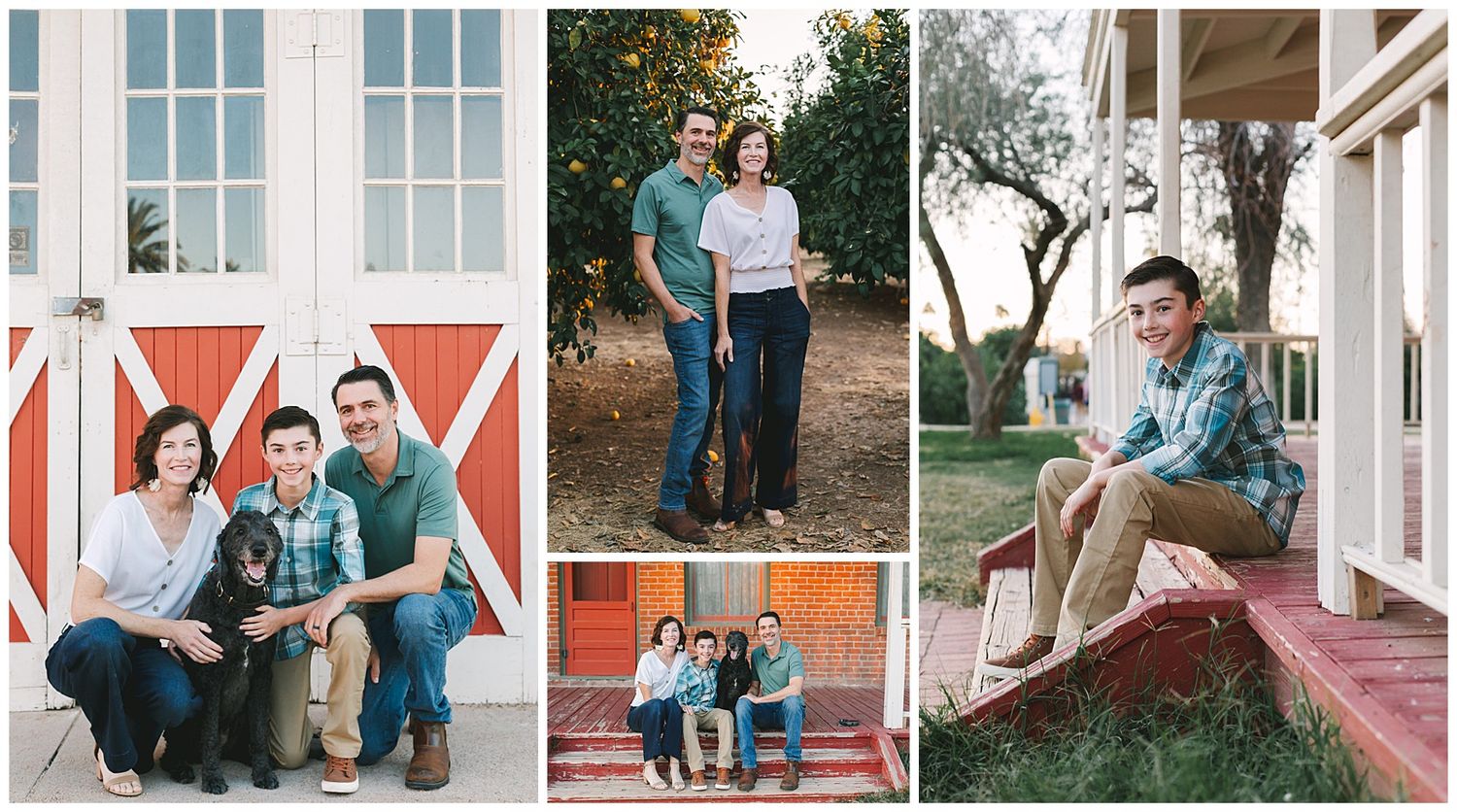 Family portrait collage featuring parents, children, and a dog posing outdoors and on a porch near a red barn.