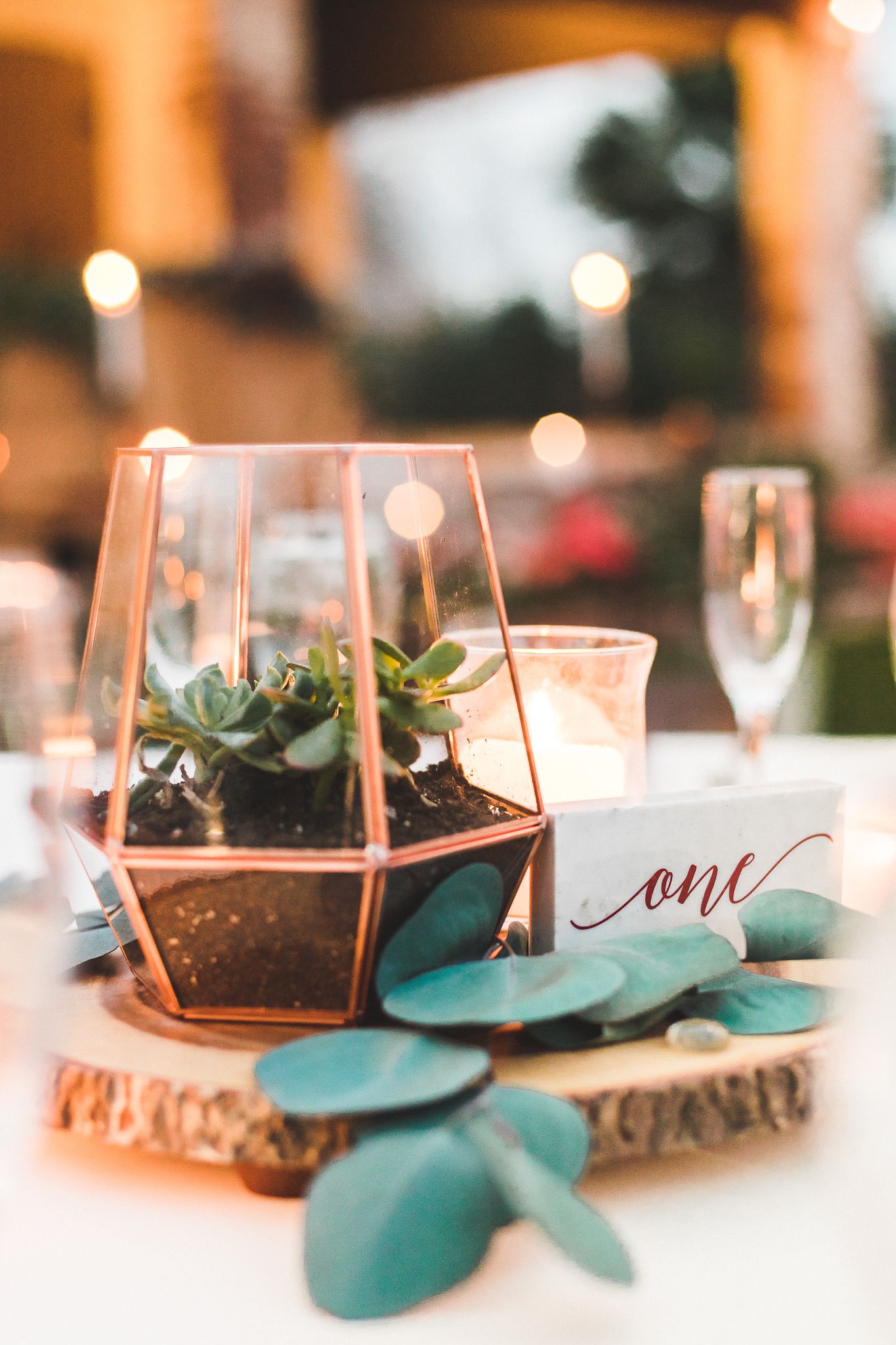 Geometric copper terrarium centerpiece with succulents on wood slice with table number card.