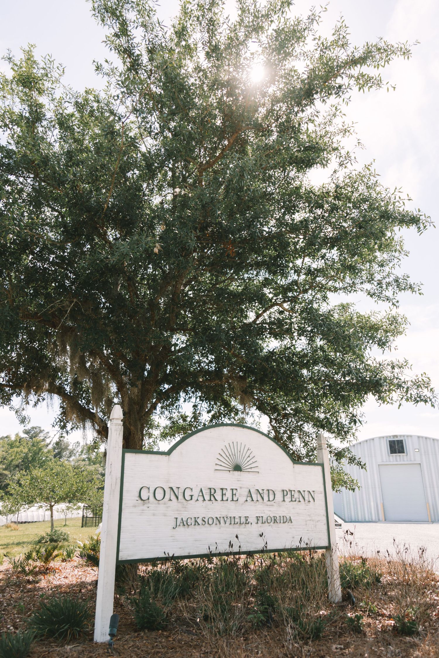 Welcome sign for Congaree and Penn wedding venue in Jacksonville, Florida beneath a large shade tree.