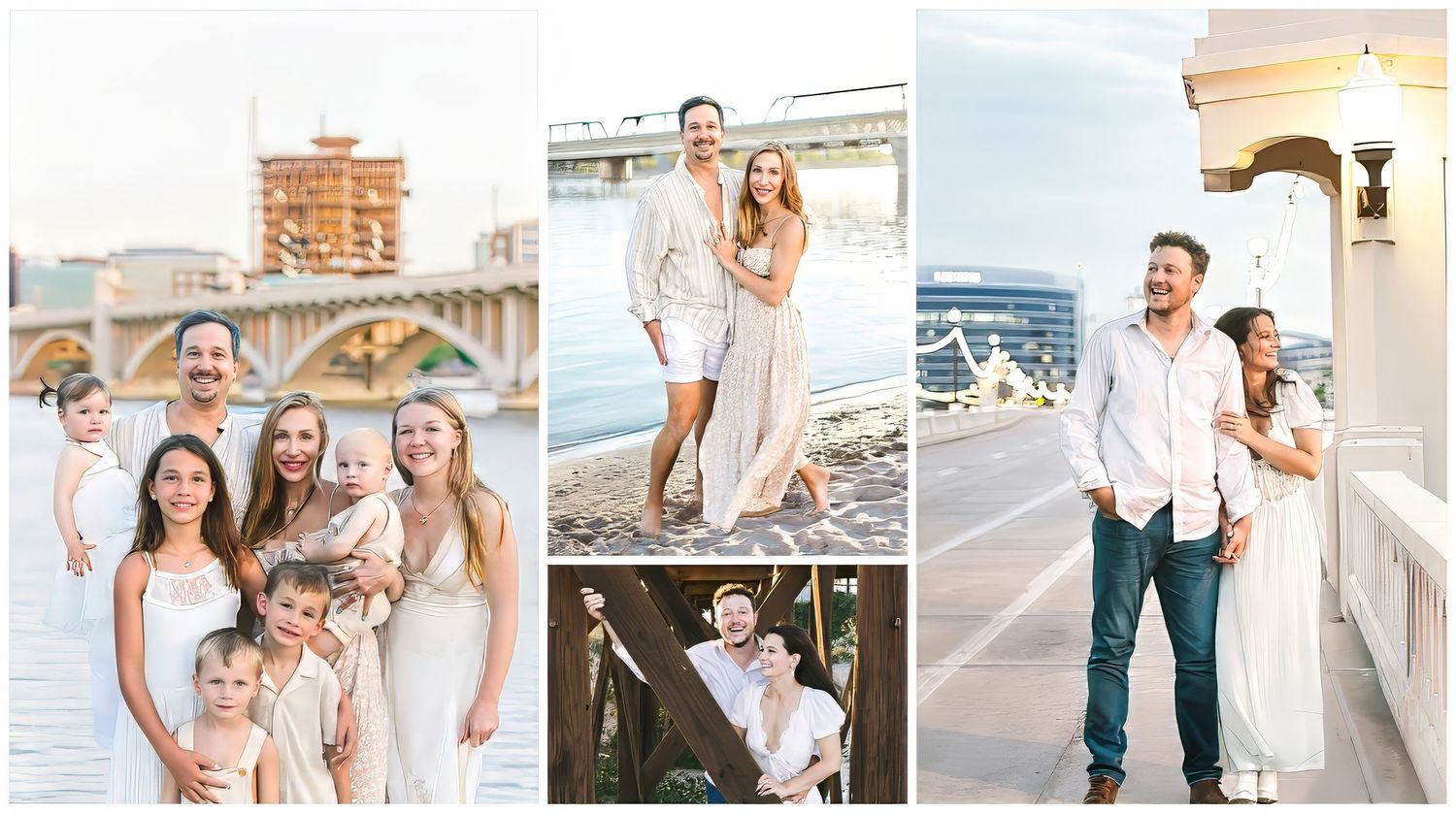 Family and couples posing for outdoor portraits near a waterfront bridge in coordinated white and beige outfits.