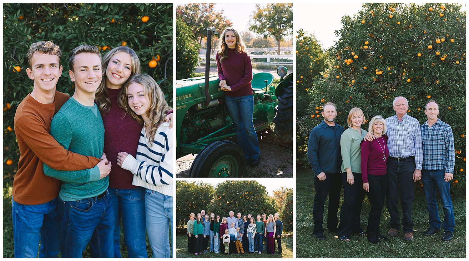 Family portrait session in an orange grove with a green tractor, featuring multiple generations in coordinating fall outfits.