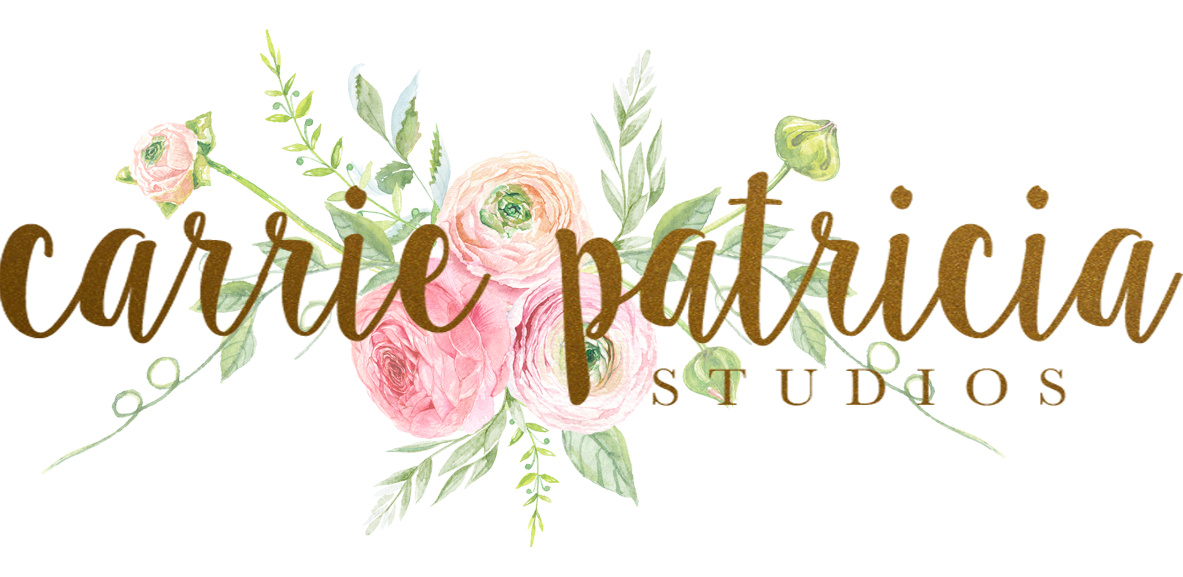 Carrie Patricia Studios logo with elegant script font, pink ranunculus flowers, and delicate green botanical watercolor accents.