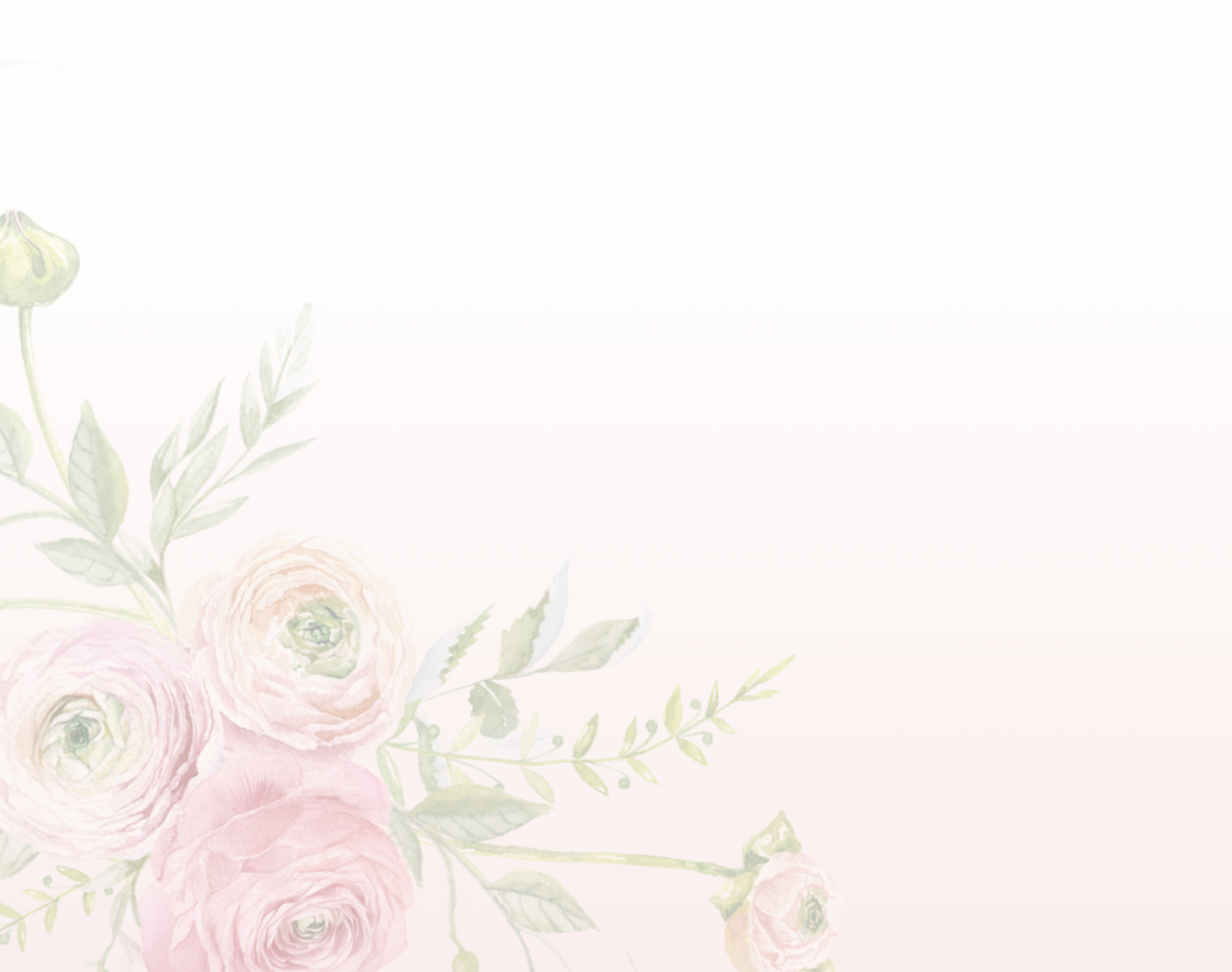 Soft watercolor floral background with blush pink ranunculus roses and green leaves on a white pastel backdrop.