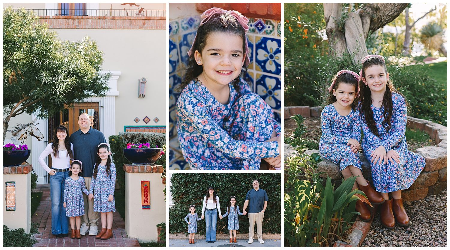 Family portrait collage featuring mother and two daughters in matching blue floral dresses outside a colorful home.