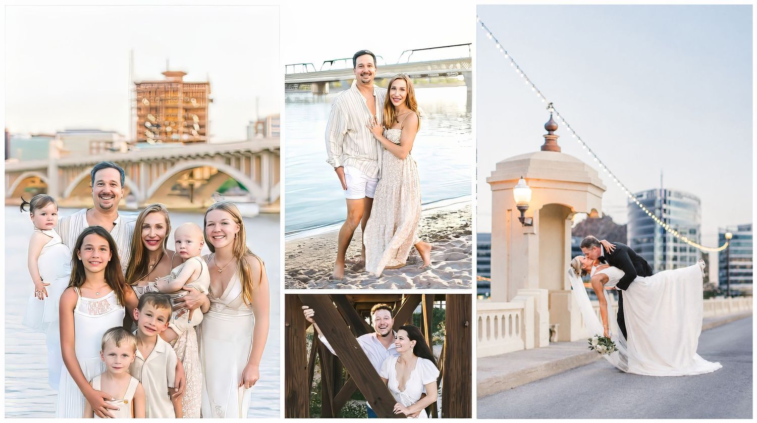 Elegant family and couple portraits in soft white and beige tones, featuring outdoor photography with a city bridge backdrop.