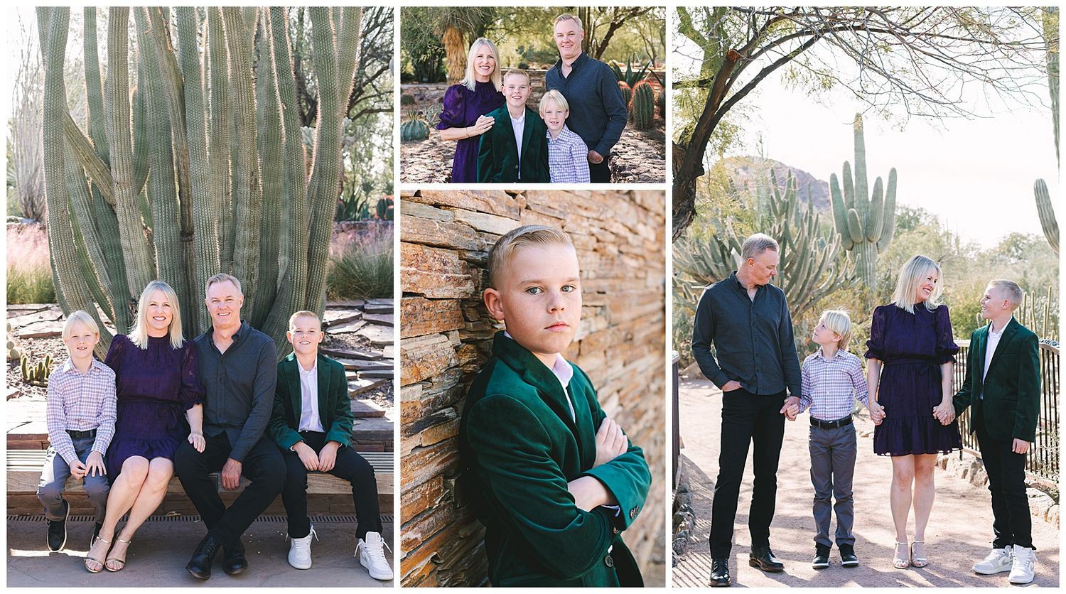 Family portrait session in a desert botanical garden with cacti, featuring parents and two children in elegant green and navy outfits.