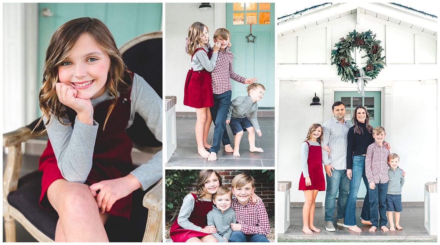 Family holiday photo session featuring children in red and gray outfits posing on a festive porch with a Christmas wreath.