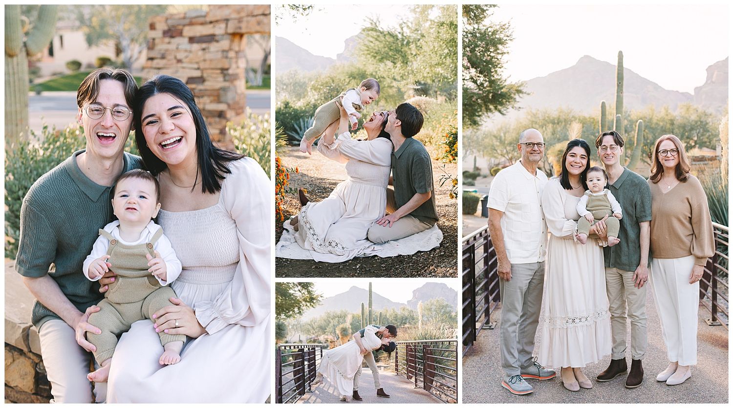 A joyful family photo collage featuring parents with a baby outdoors in a desert setting with cacti and warm neutral tones.