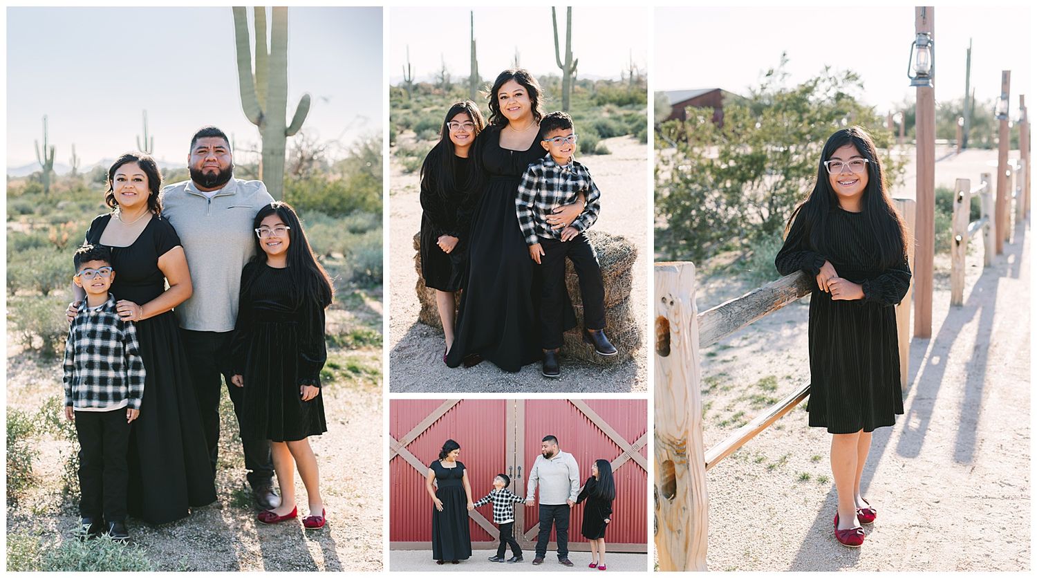 Family of four poses in black outfits against desert landscape with saguaro cacti in Arizona.