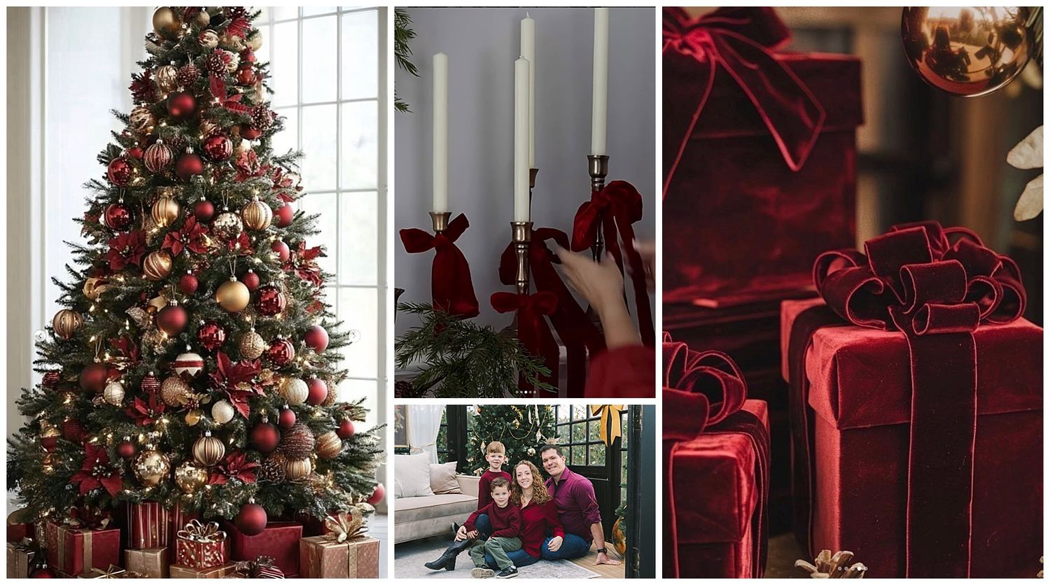 A festive Christmas collage featuring a decorated tree, red velvet gifts, candles, and a family posing together for the holidays.