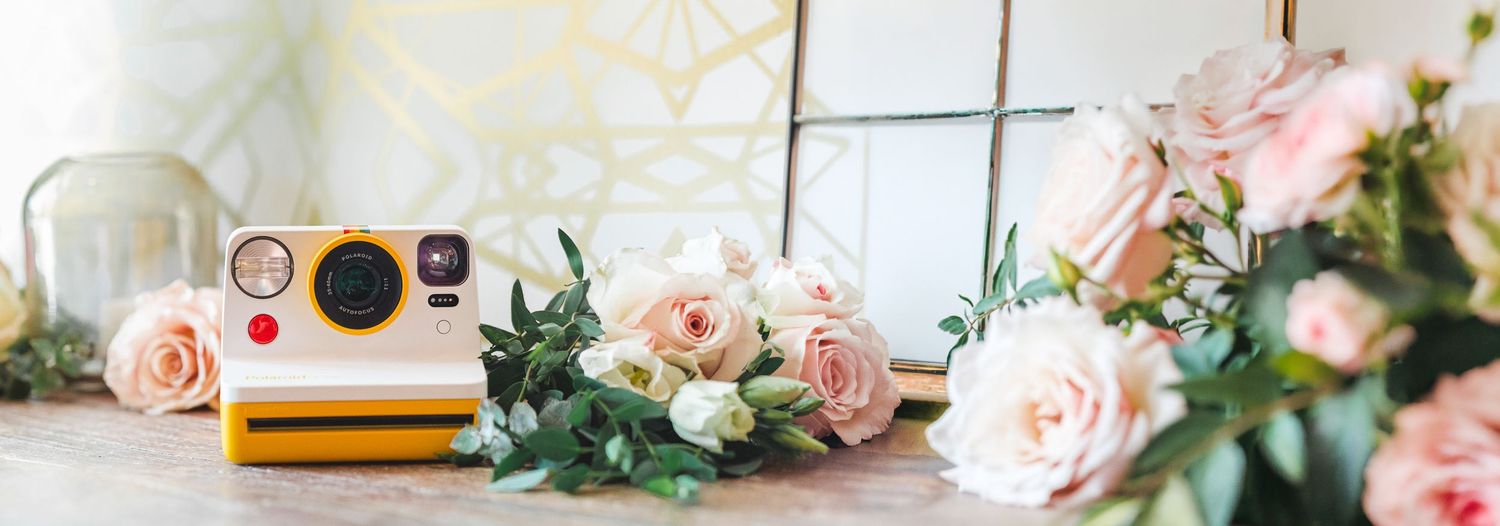 A vintage Polaroid camera surrounded by soft pink roses and greenery on a wooden table with a gold mirror backdrop.